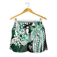 Monstera Plumeria Flowers Green Shorts for Women Polynesian Pattern