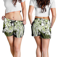 Monstera Plumeria Flowers Olive Green Shorts for Women Polynesian Pattern