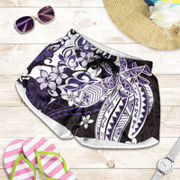 Monstera Plumeria Flowers Purple Shorts for Women Polynesian Pattern