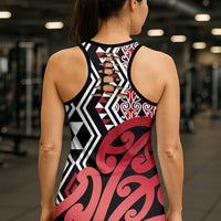 New Zealand Hollow Tank Top Aotearoa Kowhaiwhai Mix Taniko Art - Red