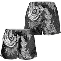 New Zealand Sea Animals with Maori Tribal Tattoo Shorts for Women Shark Manta Ray with Silver Fern Black