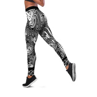 New Zealand Taiaha Maori Leggings Kiwikiwi Minimalist Silver Fern Tukutuku Motif LT9 White - Polynesian Pride