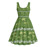 Olive Green Hawaii Palm Tree Hibiscus Midi Dress Fantasy Summer Vibe LT01 - Polynesian Pride