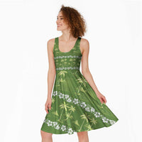 Olive Green Hawaii Palm Tree Hibiscus Midi Dress Fantasy Summer Vibe LT01 - Polynesian Pride