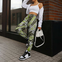 Olive Tahiti Tiare Monstera Jogger Pants Polynesian Pattern Curve Style - Polynesian Pride