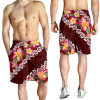 Oxblood Polynesia Shorts for Men Plumeria With Hibiscus Pattern Tropical Vibes - Polynesian Pride