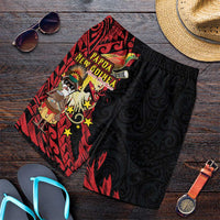 Papua New Guinea Christmas Shorts for Men Funny Melanesian Santa with Bird-of-paradise Tribal Style LT03 Black - Polynesian Pride