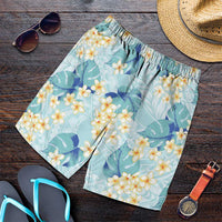 Pastel Cyan Tropical Hawaii Shorts for Men Seamless Monstera Plumeria Hawaiian Pattern - Polynesian Pride