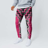 Pink Niho Taniwha Mix Poutama Jogger Pants Unique Taniko Aotearoa - Polynesian Pride