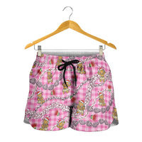 Pink Palaka Hawaii Mele Kalikimaka Shorts for Women Ohia Lehua Shell Leis Funny Gingerbread Santa - Polynesian Pride