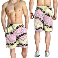 Pink Palaka Hawaii Shorts for Men Kukui Nut Pikake Lei Hawaiian Tapa Pattern - Polynesian Pride