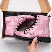 Pink Palaka Quilt Hawaii Leather Boots Traditional Hawaii-plaid Pattern - Polynesian Pride