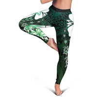Polynesia Romantic Valentine Leggings Sea Turtle Couple With Aqua Gradient Plumeria