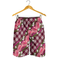 Polynesian Monstera Tiare Floral Shorts for Men Fuchsia Tropical Plaid - Polynesian Pride