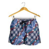 Polynesian Monstera Tiare Floral Shorts for Women Royal Blue Tropical Plaid LT01 - Polynesian Pride
