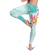 Polynesian Women's Day Wahine Leggings Plumeria Marble Glaze - Teal LT7