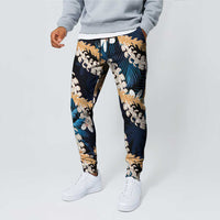Puakenikeni Maile Lei Jogger Pants Frangipani Blue Tropical Leaves