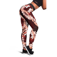 Puakenikeni Maile Lei Leggings Frangipani Red Tropical Leaves