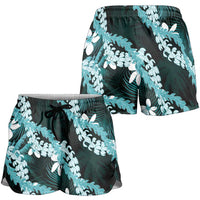 Puakenikeni Maile Lei Shorts for Women Frangipani Turquoise Tropical Leaves