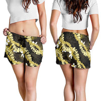 Puakenikeni Maile Lei Shorts for Women Frangipani Yellow Tropical Leaves