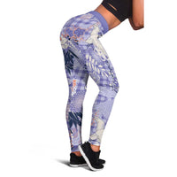 Purple Palaka Crane and Flowers Leggings Japan Heritage Spirit - Polynesian Pride