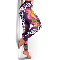 Purple Polynesia Leggings Plumeria With Hibiscus Pattern Tropical Vibes - Polynesian Pride