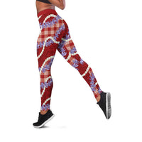 Red Hawaii Palaka Honohono Pikake Leggings Hawaiian Orchid Lei Polynesian Pattern - Polynesian Pride