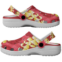 Red Palaka Hawaii Mele Kalikimaka Clogs Shoes Ohia Lehua Monstera Puakenikeni Lei - Polynesian Pride