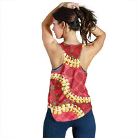 Red Palaka Hawaii Mele Kalikimaka Women Racerback Tank Ohia Lehua Monstera Puakenikeni Lei - Polynesian Pride