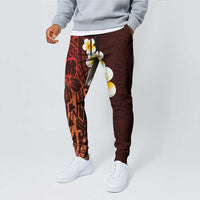 Red Polynesia Jogger Pants Plumeria Tropical Leaves With Galaxy Polynesian Art - Polynesian Pride
