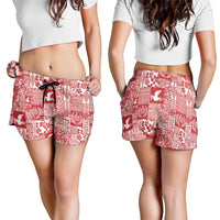 Red Tonga Kilisimasi Fiefia Shorts for Women Pacific Patchwork Xmas Vibes - Polynesian Pride