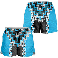 Sky Blue Niho Taniwha Mix Poutama Shorts for Women Unique Taniko Aotearoa - Polynesian Pride
