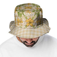 Squares Puakenikeni and Kalo Bucket Hat Beige Palaka Hawaiian Quilt Pattern - Polynesian Pride