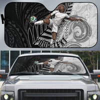 Personalized New Zealand Football Auto Sun Shade Kiwi Mascot with Silver Fern - Maori Tribal Tattoo Art TS04 Black White - Polynesian Pride