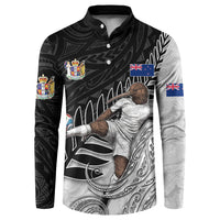Personalized New Zealand Football Button Sweatshirt Kiwi Mascot with Silver Fern - Maori Tribal Tattoo Art TS04 Black White - Polynesian Pride