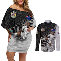 Personalized New Zealand Football Couples Matching Off Shoulder Short Dress and Long Sleeve Button Shirt Kiwi Mascot with Silver Fern - Maori Tribal Tattoo Art TS04 Black White - Polynesian Pride