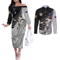 Personalized New Zealand Football Couples Matching Off The Shoulder Long Sleeve Dress and Long Sleeve Button Shirt Kiwi Mascot with Silver Fern - Maori Tribal Tattoo Art TS04 Black White - Polynesian Pride