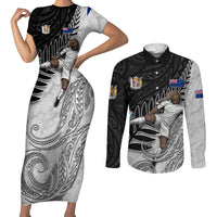 Personalized New Zealand Football Couples Matching Short Sleeve Bodycon Dress and Long Sleeve Button Shirt Kiwi Mascot with Silver Fern - Maori Tribal Tattoo Art TS04 Black White - Polynesian Pride