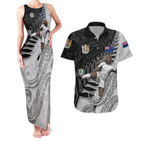 Personalized New Zealand Football Couples Matching Tank Maxi Dress and Hawaiian Shirt Kiwi Mascot with Silver Fern - Maori Tribal Tattoo Art TS04 Black White - Polynesian Pride