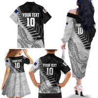 Personalized New Zealand Football Family Matching Off The Shoulder Long Sleeve Dress and Hawaiian Shirt Kiwi Mascot with Silver Fern - Maori Tribal Tattoo Art TS04 - Polynesian Pride
