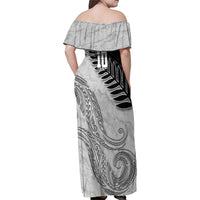 Personalized New Zealand Football Family Matching Off Shoulder Maxi Dress and Hawaiian Shirt Kiwi Mascot with Silver Fern - Maori Tribal Tattoo Art TS04 - Polynesian Pride