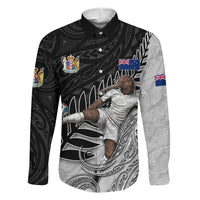 Personalized New Zealand Football Family Matching Puletasi and Hawaiian Shirt Kiwi Mascot with Silver Fern - Maori Tribal Tattoo Art TS04 Dad's Shirt - Long Sleeve Black White - Polynesian Pride