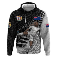 Personalized New Zealand Football Hoodie Kiwi Mascot with Silver Fern - Maori Tribal Tattoo Art TS04 Pullover Hoodie Black White - Polynesian Pride