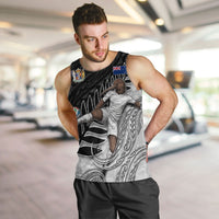 Personalized New Zealand Football Men Tank Top Kiwi Mascot with Silver Fern - Maori Tribal Tattoo Art TS04 Black White - Polynesian Pride
