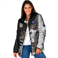 Personalized New Zealand Football Padded Jacket Kiwi Mascot with Silver Fern - Maori Tribal Tattoo Art TS04 Women Black White - Polynesian Pride