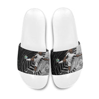 Personalized New Zealand Football Slide Sandals Kiwi Mascot with Silver Fern - Maori Tribal Tattoo Art TS04 Black White - Polynesian Pride