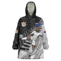 Personalized New Zealand Football Wearable Blanket Hoodie Kiwi Mascot with Silver Fern - Maori Tribal Tattoo Art TS04 One Size Black White - Polynesian Pride