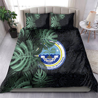 Federated States Of Micronesia Bedding Set FSM Tropical Monstera Leaf Dark Tribal Pattern