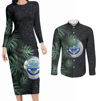 Federated States Of Micronesia Couples Matching Long Sleeve Bodycon Dress and Long Sleeve Button Shirt FSM Tropical Monstera Leaf Dark Tribal Pattern