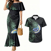 Federated States Of Micronesia Couples Matching Mermaid Dress and Hawaiian Shirt FSM Tropical Monstera Leaf Dark Tribal Pattern